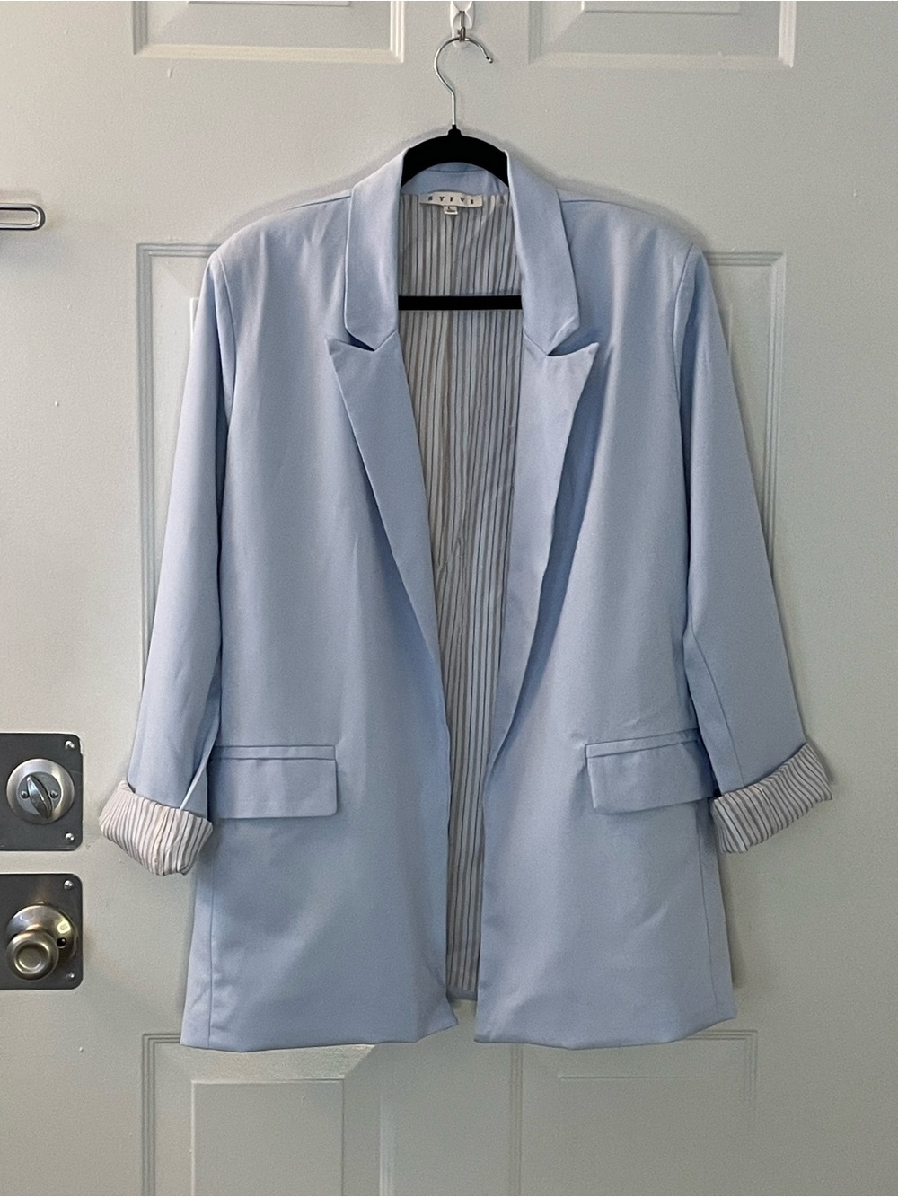 HYFVE Pale Blue Open-Front Blazer with Striped Cuffs
